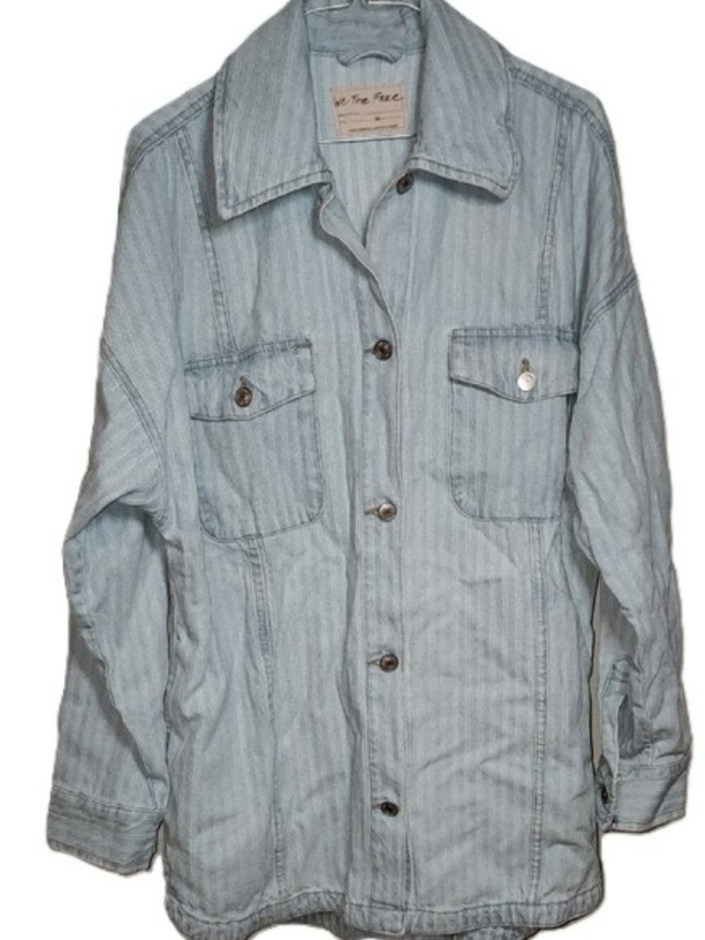 We The Free Dunes Shirt Jacket Oversized Light Blue Sun Faded Striped Denim Med